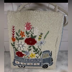 Handcrafted in India Flower Truck Butterfly Beaded Bag White NWT